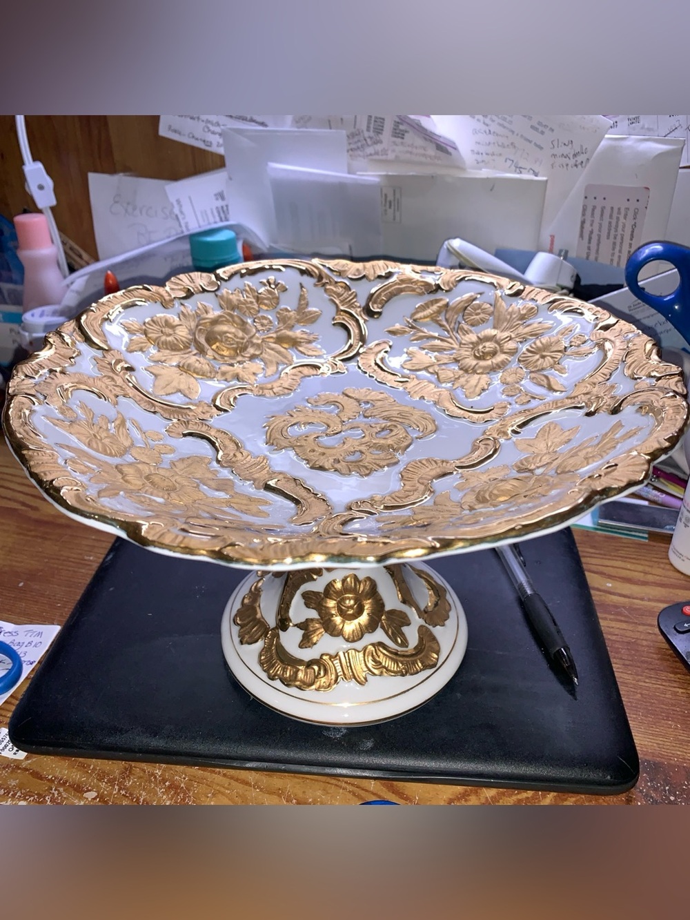 Vintage Charles Sadek Meissen Style Ornate Gold & White Porcelain Cake Stand